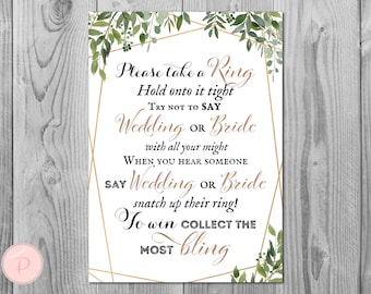 Greenery Don't Say Bride or Wedding Game, Don't Say a word Game, Take a Ring Game, Bridal shower game, Shower activity, Printable TH93