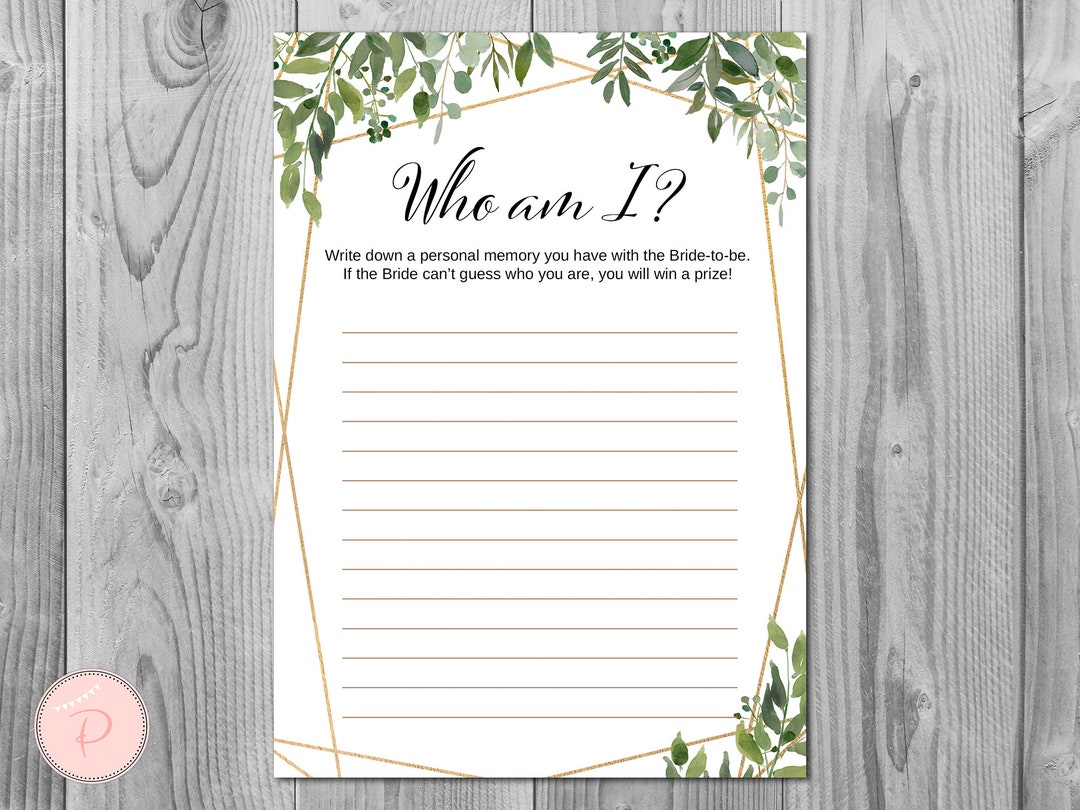 Greenery Who Am I Game Bridal Shower Games Wedding Shower Etsy