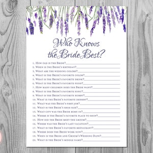 Lavender How well do you know the Bride game, Who knows the bride best, bridal shower games, bachelorette Game, TH85