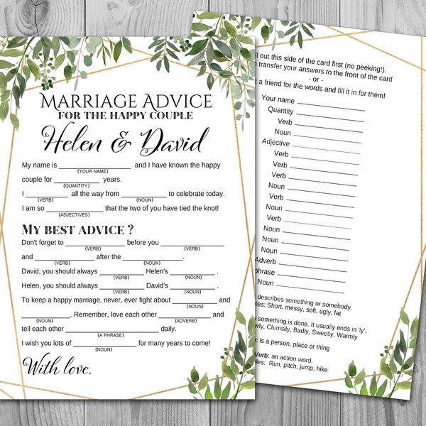 Greenery Marriage advice cards, Marriage advice cards, Wedding Mad Libs, Bridal Shower Mad Libs, Bridal Mad Libs, Mad lib advice cards TH93