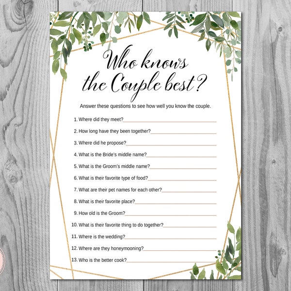 Greenery Who Knows The Couple Best, Who knows the bride best, How well do you know the Bride shower game, Wedding Shower Games TH93