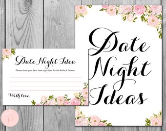 May include: A printable sign with pink floral accents and the text "Date Night Ideas". A smaller card with the text "Date Night Idea" and a line for writing is included.