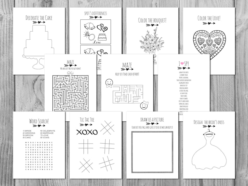 May include: A printable wedding activity booklet with black and white illustrations. The booklet includes games such as word search, tic-tac-toe, maze, spot the difference, colour the bouquet, colour the love, decorate the cake, draw us a picture, and design the bride's dress.