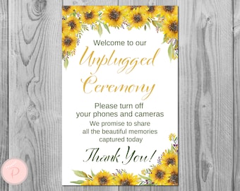 Sunflower Unplugged Ceremony Sign, No phones or cameras, Turn off phones, Unplugged Wedding Signage, Wedding decoration sign TH80