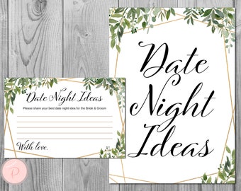 Greenery Date Night Ideas, Date Night Cards, Date Night Sign, Bridal Shower Activity, Bridal shower game, Engagement Party Game TH93