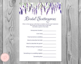 Lavender Scattergories Bridal Shower Game, Scattergories Wedding shower game, Bridal shower activity, Printable Game TH85