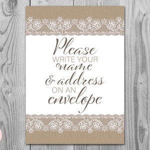 Burlap Lace Wedding Thank you return address, Write your name and address on an envelope sign, Printable Wedding decoration sign TH79