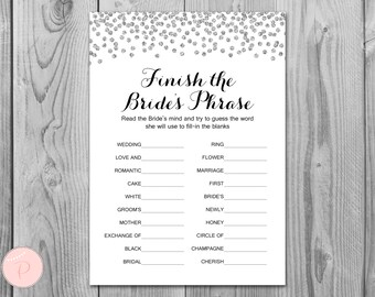 Silver Confetti Finish the Bride's phrase game, Complete the phrase , Bridal Shower game, Bridal Shower activity, Printable Games TH63