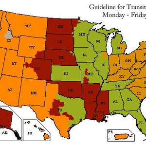May include: A map of the United States showing transit days for packages shipped Monday through Friday. The map is color-coded by state, with shades of orange, red, green, and gray representing 2, 3, 4, 5, and 6 days, respectively. Alaska, Hawaii, and Puerto Rico are also included.