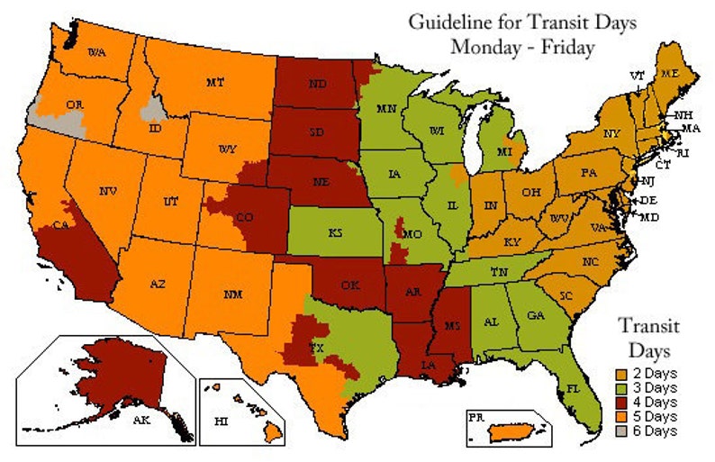 May include: A map of the United States showing transit days for packages shipped Monday through Friday. The map is color-coded by state, with shades of orange, red, green, and gray representing 2, 3, 4, 5, and 6 days, respectively. Alaska, Hawaii, and Puerto Rico are also included.