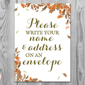 Fall Autumn Wedding Thank you return address, Write your name and address on an envelope sign, Printable sign, decoration sign WD84 TH52
