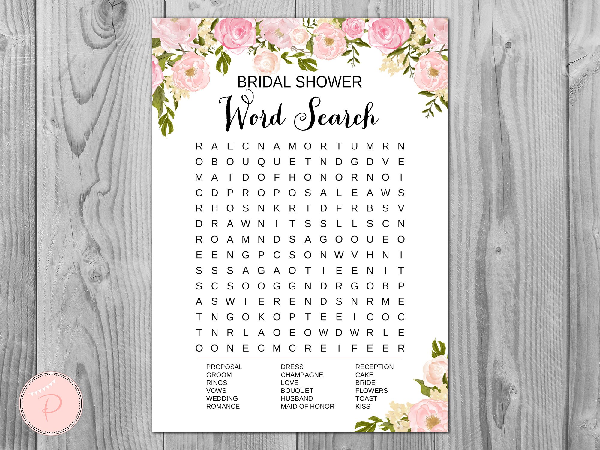 Peonies Word Search Game Bridal Shower Games Wordsearch - Etsy