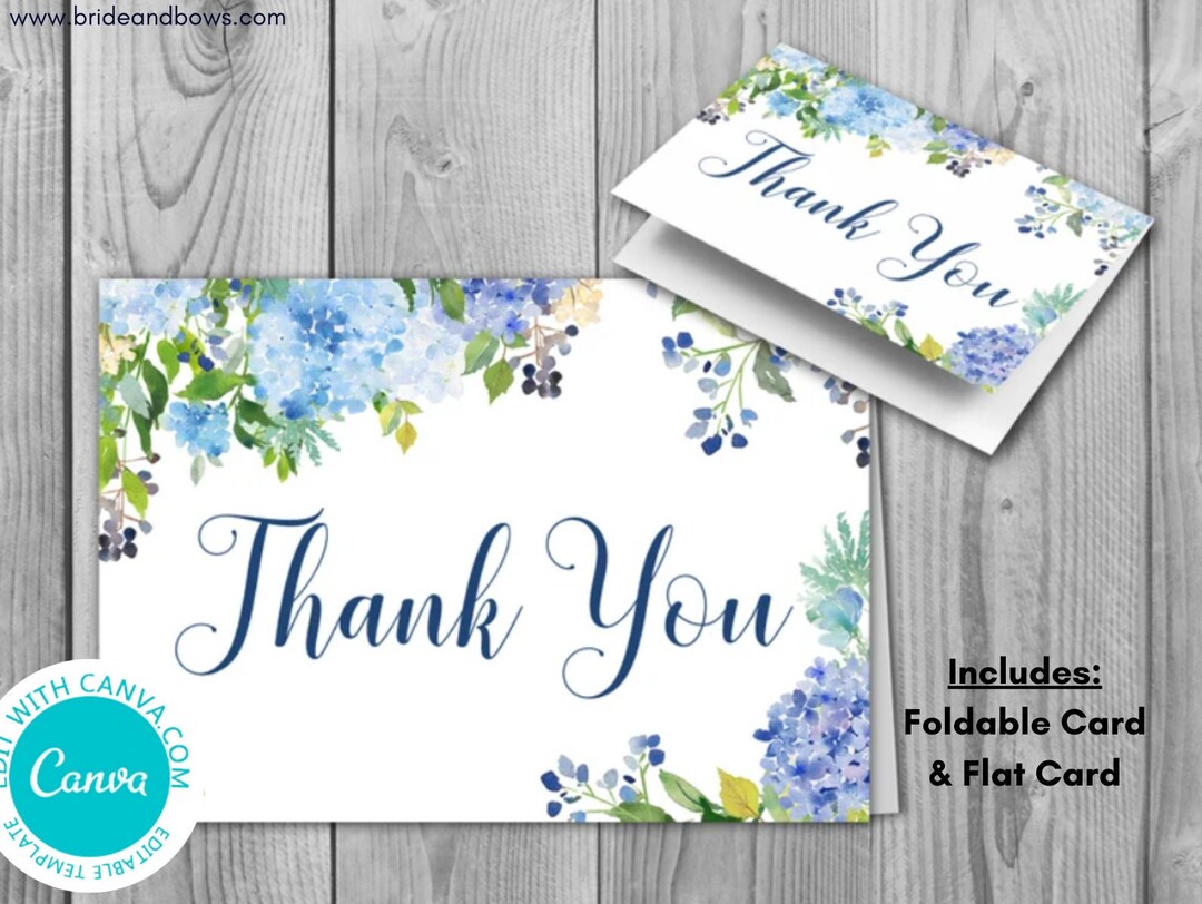 Editable Blue Hydrangea Wedding Thank You Cards, Foldable Thank You ...