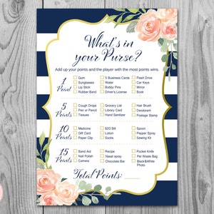 Navy & Gold Floral What&#39;s in your Purse Bridal Shower Game, Purse Hunt, Purse Raid, Bridal shower game activity, Printable Game TH74