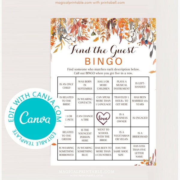 Editable Fall Leaves Find the Guest Bingo, Printable Coed Bridal Shower Bingo, Ice Breaker Bingo, Ice Breaker Bridal shower WD84 TH47 canva