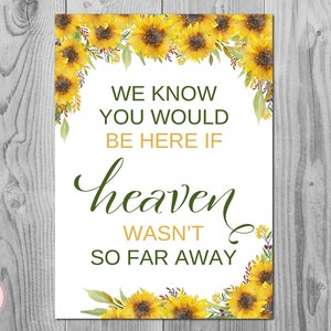 Sunflower Remembrance Printable sign, We know you would be here if heaven wasn&#39;t so far away, Wedding decoration sign TH80