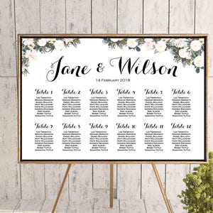 White Flower Printable Custom Wedding Seating Chart, Hochzeits-Saating-Schild, Hochzeits-Saating-Schild, Hochzeits-Saating-Board-WD74 TH21 WC55