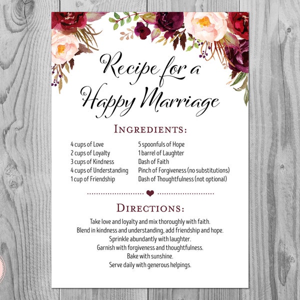 Marsala Floral A Recipe for a Happy Marriage Printable Sign, Wedding Shower, Bridal shower sign, Bridal shower activity, Printable sign TH99