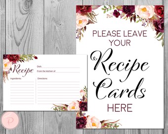 Burgundy Marsala Recipe Card, Bridal Shower, Printable Card, Wedding Shower, Bridal shower games, Coed Bridal shower activity TH99