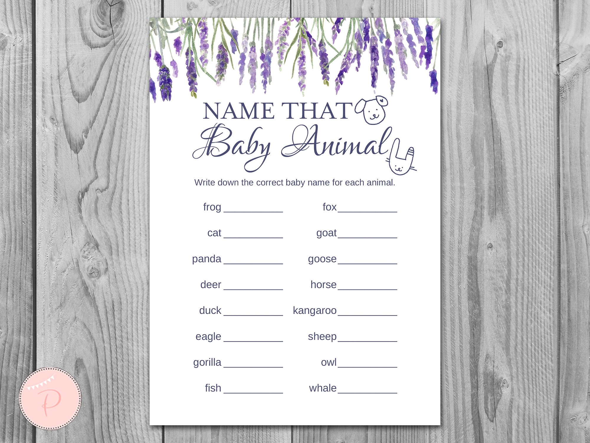 Lavender Name the Baby Animals Game, Baby Shower Animal Game, Baby Shower Game, Rustic Baby Shower, Country Baby Shower Ideas, TH85 BABY