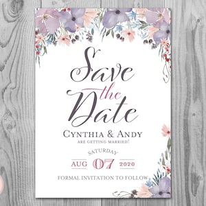 Convite de casamento roxo magenta floral para salvar a data, convite para impressão, chá de panela, convite de casamento TH71 dd WS82
