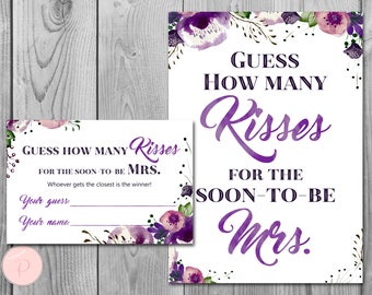 Purple Floral Guess How Many Kisses, Bridal Shower Games, Rustic Mason Jar, Bridal Shower Guessing Game, Bachelorette, Wedding WD83 TH43