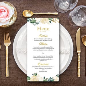 Oro blanqueado Floral menú de bodas personalizado, menú de boda personalizado imprimible, plantilla de menú de boda, menú de ducha, TH82 WM190