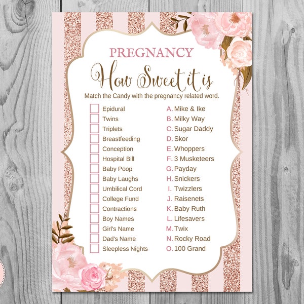 Rose Gold Pregnancy How sweet it is Game, Pregnancy Game, Baby Shower Games, Digital Downloads, Printable Instant WD90 TH55 BABY