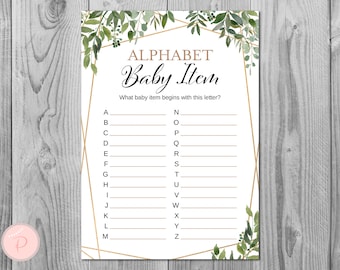 Greenery Alphabet Baby Items, Baby ABCs, Baby Shower Games, Alphabetical word game, Gender Neutral, Baby Shower Games, Rustic TH93