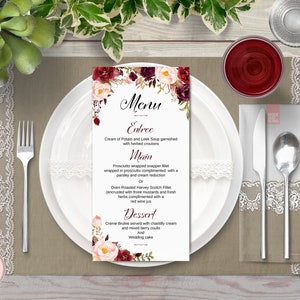 Marsala Floral menú de boda imprimible, menú de boda personalizado imprimible, plantilla de menú de la boda - archivo digital, DIY impresión TH99 WM201