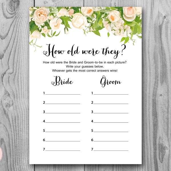 How old were they, How old was the Bride and Groom, Guess the Ages, Coed Wedding Shower game, Bridal Shower Games, Printable Game TH01