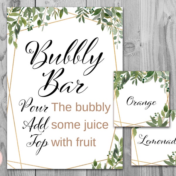 Greenery Bubbly Bar Sign, Mimosa Bar Sign, Wedding Bar Sign, Juice Tags, Wedding Decoration Sign, Bridal Shower Decoration TH93