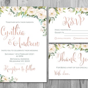 Off-White Floral Custom Wedding Invitation Set, Invitation de mariage imprimable, Engagement Party Invitation, Personnalisé, WD74 TH61 WI60
