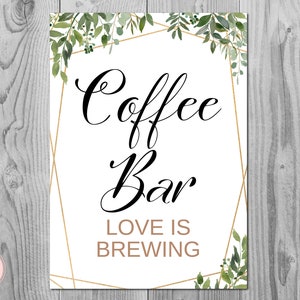 Groen koffiebar teken, liefde is brouwen teken, trouwbar teken, afdrukbaar koffiebar teken, decoratie teken, bruids douche decoratie TH93
