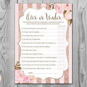 Rose Gold Over or Under Bridal Shower Games, Over or Under the Number, Whats in your Purse Alternate, Bachelorette Game, Hens Game WD90 TH55