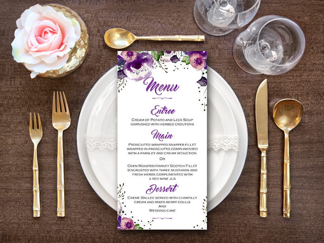 Purple Menu, Printable Wedding Menu, Watercolor Custom Wedding Menu ...