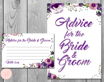 Purple Advice for Bride Groom Card & Sign, Printable Advice Cards, Wedding Shower, Coed Bridal shower Game Printable WD83 TH43