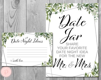 Greenery Silver Date Night Jar Game, Date Night Ideas, Date Night Cards, Bridal Shower Activity, Bridal shower game, Engagement Party TH98