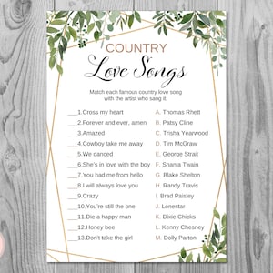 Greenery Country Love Songs Game, Famous Love Songs Game, Bridal shower games, Bridal shower activity, Printable Game TH93