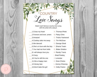 Greenery Country Love Songs Game, Famous Love Songs Game, Bridal shower games, Bridal shower activity, Printable Game TH93