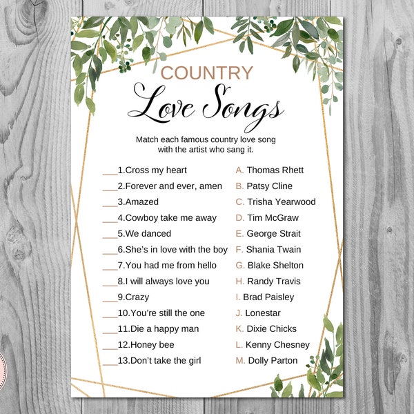 Greenery Country Love Songs Game, Famous Love Songs Game, Bridal shower games, Bridal shower activity, Printable Game TH93