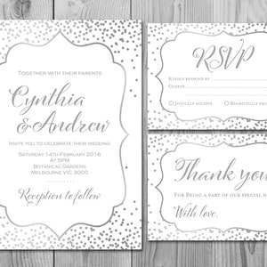 Silver Custom Wedding Invitation Set, Invitation de mariage imprimable, Invitation de fête de fiançailles, Personnalisé, Suite de mariage wd92 TH64 WI34