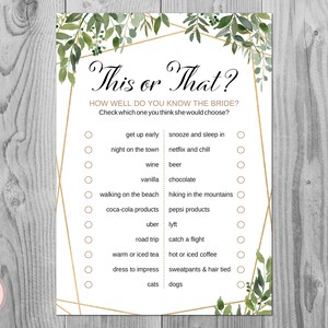 Greenery This or That, How well do you know the Bride, Who knows the bride best, Shower games, bachelorette Game, Bridal Shower Games TH93