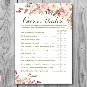 Boho Over or Under, Bridal Shower Games, Over or Under the Number, Whats in your Purse Alternate, Bachelorette Game, Hens Game WD85 TH46