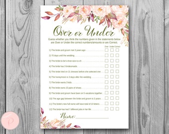 Boho Over or Under, Bridal Shower Games, Over or Under the Number, Whats in your Purse Alternate, Bachelorette Game, Hens Game WD85 TH46