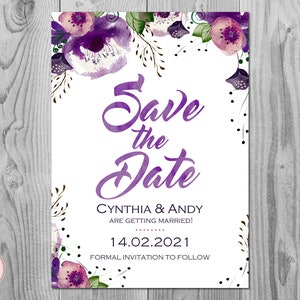 Purple Floral Enregistrer la date invitation de mariage, Invitation imprimable, Invitation douche nuptiale, Invitation de mariage WD83 TH43 WS05