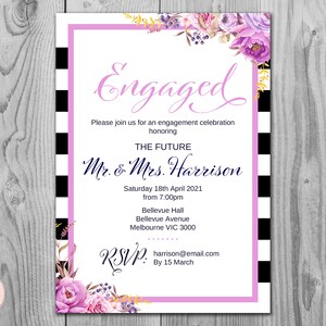 Magenta Floral Printable Engagement Party Invitation, Personalized Invitation, Wedding Invitation TH34 WD72