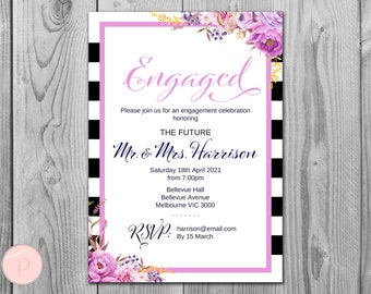 Magenta Floral Printable Engagement Party Invitation, Personalized Invitation, Wedding Invitation TH34 WD72