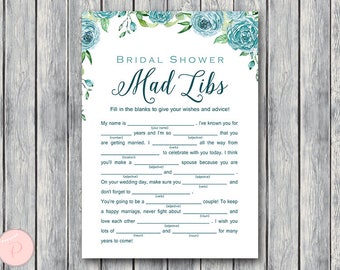 Teal Floral Bridal Shower Mad Libs, Wedding advice cards, Printable Wedding Game, Wedding Game Printable, Activities, Printable TH77