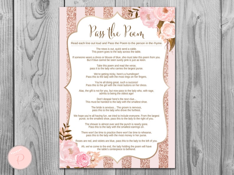 Rose Gold Pass the Poem Bridal Shower Games Gift Passing Etsy